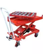 Scissor lift table with turntable roller track, featuring red platform, adjustable height, and easy mobility for material handling.