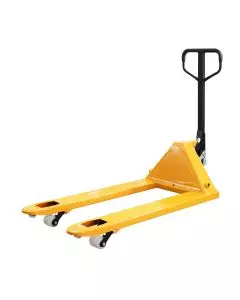 Heavy-duty yellow pallet truck with reinforced steel forks and ergonomic black handle for industrial material handling.