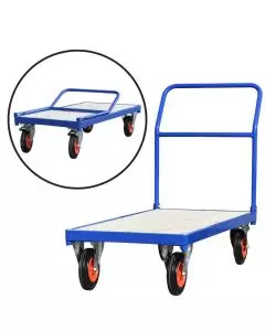 Folding flatbed trolley with a sturdy platform, collapsible handle, and durable wheels for versatile material transport in warehouses and offices