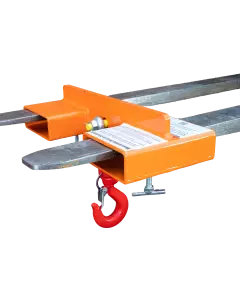 Side view of a robust orange forklift hook attachment for industrial lifting applications.