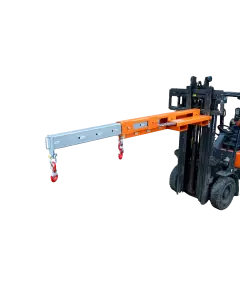 Low-profile forklift extending jib with dual red safety hooks and bright orange frame